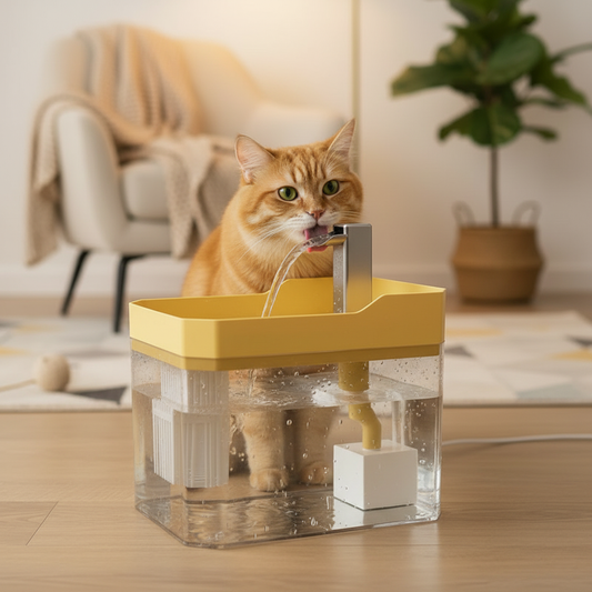Chat qui boit à la fontaine à eau jaune dans un salon cosy